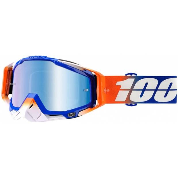 100% Racecraft Roxburry brýle pro moto plexi zdcadlové modré s chráničem nosu včetně 20ks strhávaček