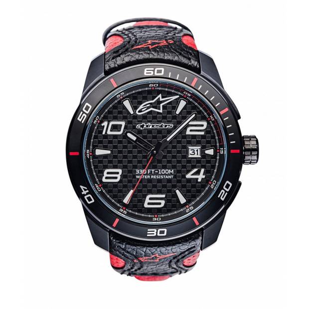 hodinky TECH RACE, ALPINESTARS - ITÁLIE (černá/červená, kožený pásek) M000-123 ALPINESTARS