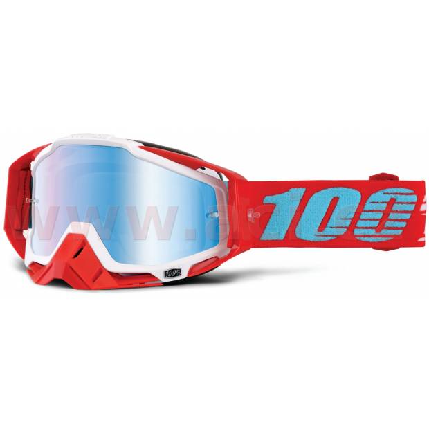 brýle Racecraft Kepler, 100% - USA (bílá/červená , modré chrom plexi s čepy pro slídy + chránič nosu + 20 strhávaček) M150-81 100%