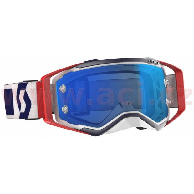 brýle PROSPECT, SCOTT - USA (červené/modré, modré chrom plexi s čepy pro slídy) M150-367 SCOTT